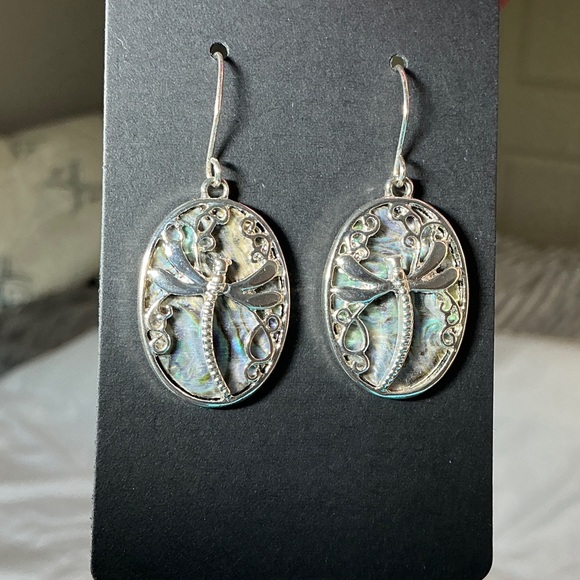 Jewelry - Silver Dragonfly Loop Earrings with Stylish Pearlized Color Inlay - Lightweight